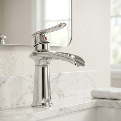 Lagomel waterfall single-hole bathroom faucet in antique brass, brushed nickel, chrome, matte black, pvd, set in a Vintage/Retro bathroom
