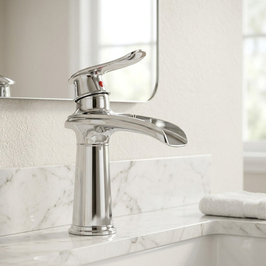 Lagomel waterfall single-hole bathroom faucet in antique brass, brushed nickel, chrome, matte black, pvd, set in a Vintage/Retro bathroom