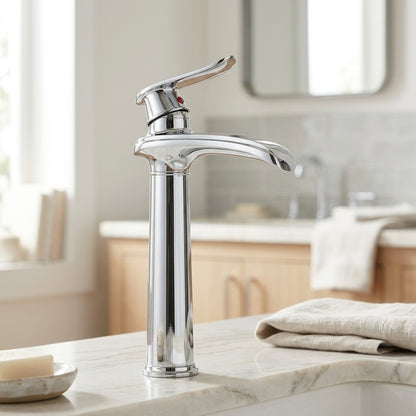 Lagomel waterfall single-hole bathroom faucet, set in a Modern/Minimalist bathroom