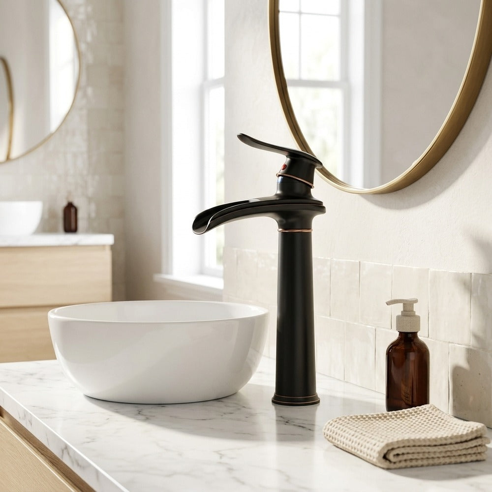 Lagomel waterfall single-hole bathroom faucet, set in a Modern/Minimalist bathroom