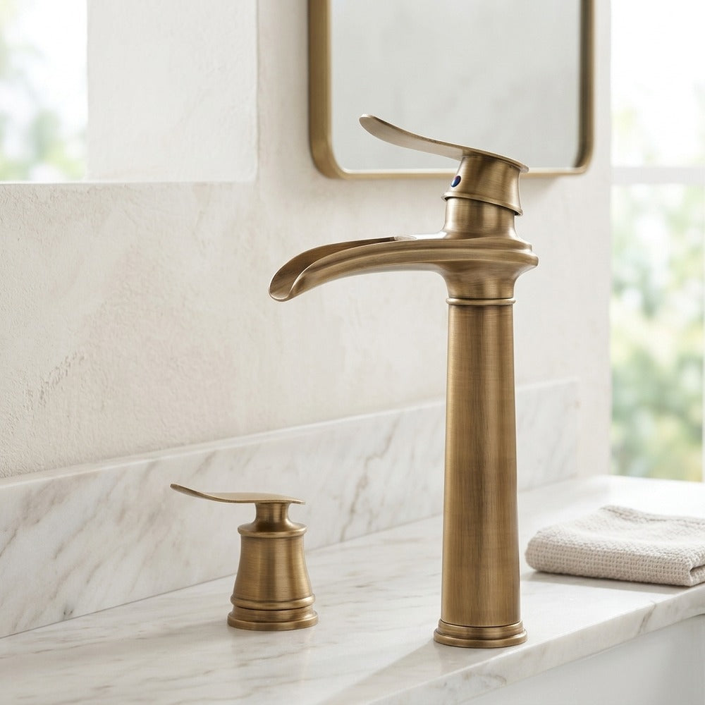 Lagomel waterfall single-hole bathroom faucet, set in a Modern/Minimalist bathroom