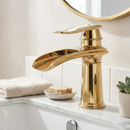 Lagomel waterfall single-hole bathroom faucet, set in a Modern/Minimalist bathroom