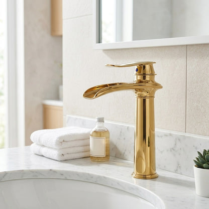 Lagomel waterfall single-hole bathroom faucet, set in a Modern/Minimalist bathroom