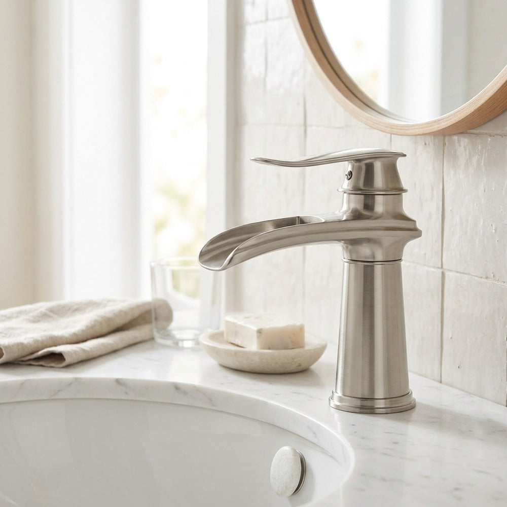 Lagomel waterfall single-hole bathroom faucet, set in a Modern/Minimalist bathroom