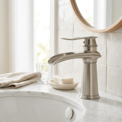 Lagomel waterfall single-hole bathroom faucet, set in a Modern/Minimalist bathroom