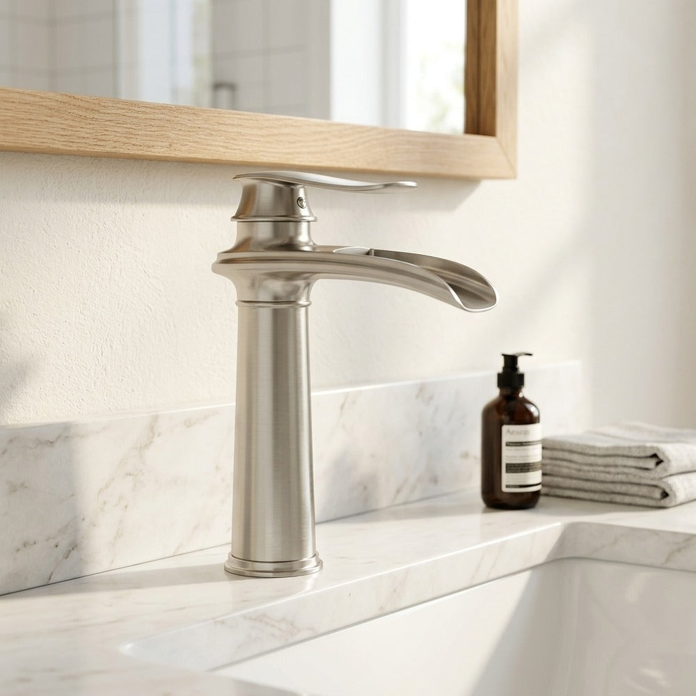 Lagomel waterfall single-hole bathroom faucet, set in a Modern/Minimalist bathroom