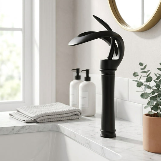 Lagomel single-hole waterfall vessel sink faucet in matte black, chrome, brushed gold, gunmetal, matte white, set in a Modern/Contemporary bathroom