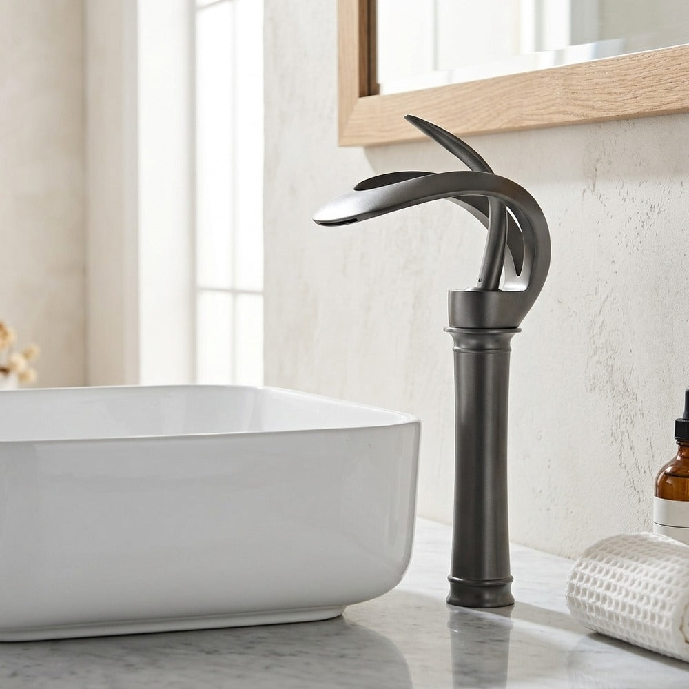 Lagomel single-hole waterfall vessel sink faucet, set in a Modern/Contemporary bathroom