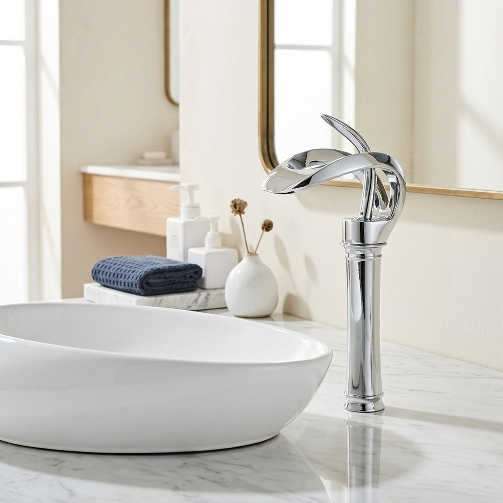 Lagomel single-hole waterfall vessel sink faucet, set in a Modern/Contemporary bathroom