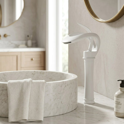 Lagomel single-hole waterfall vessel sink faucet, set in a Modern/Contemporary bathroom