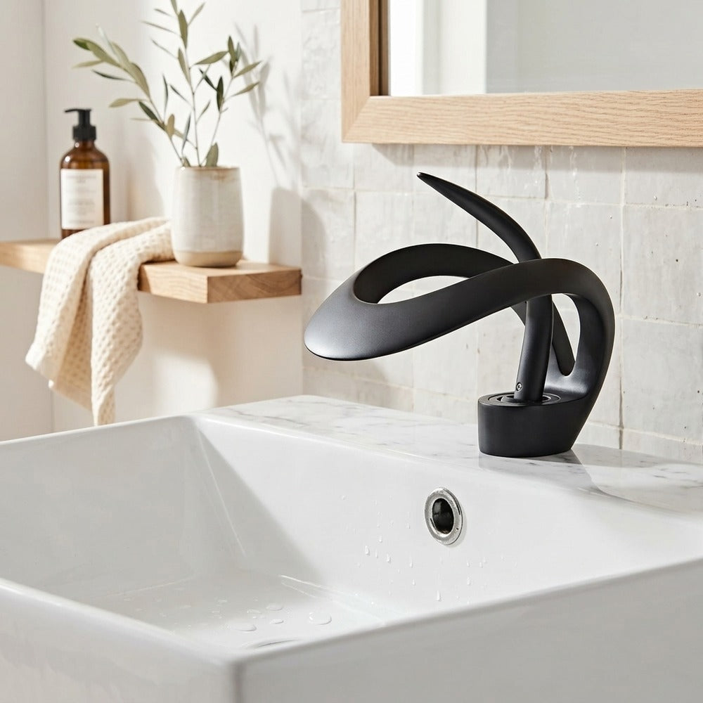Lagomel single-hole waterfall vessel sink faucet, set in a Modern/Contemporary bathroom