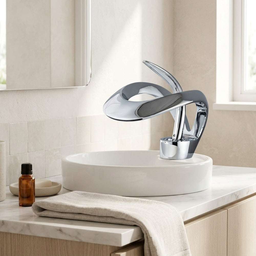 Lagomel single-hole waterfall vessel sink faucet, set in a Modern/Contemporary bathroom