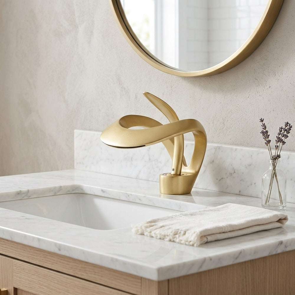 Lagomel single-hole waterfall vessel sink faucet, set in a Modern/Contemporary bathroom