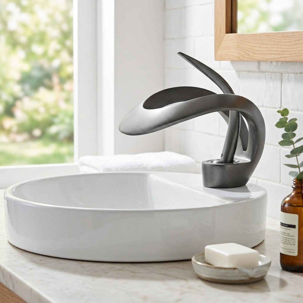 Lagomel single-hole waterfall vessel sink faucet, set in a Modern/Contemporary bathroom