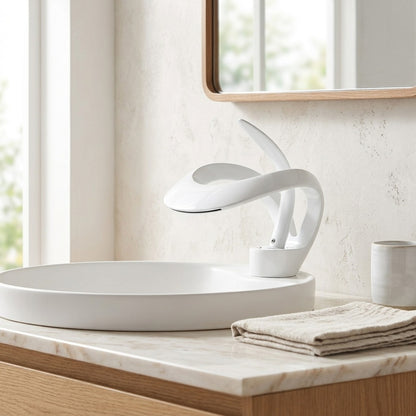 Lagomel single-hole waterfall vessel sink faucet, set in a Modern/Contemporary bathroom