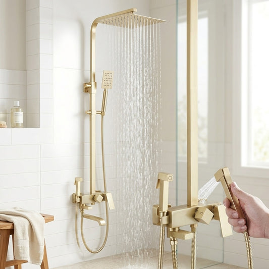 Lagomel wall-mounted tub and shower system in brushed gold, set in a Contemporary/Vintage/Retro bathroom
