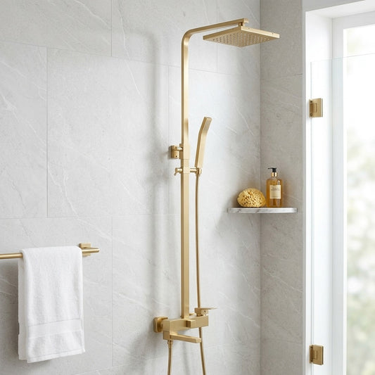 Lagomel wall-mounted tub and shower system in brushed gold, set in a Contemporary/Vintage/Retro bathroom