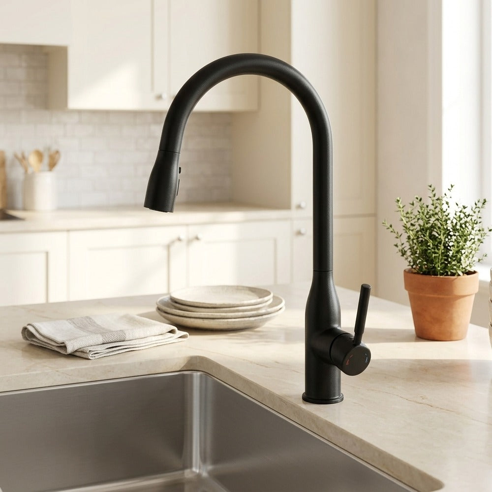 Lagomel single-handle pull-down kitchen faucet in matte black, brushed nickel, gunmetal, chrome, set in a Modern kitchen