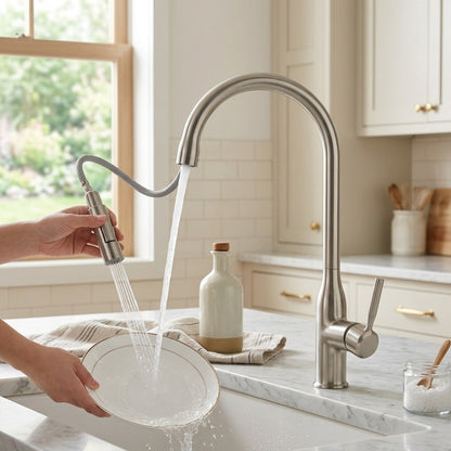 Lagomel single-handle pull-down kitchen faucet, set in a Modern/Contemporary kitchen
