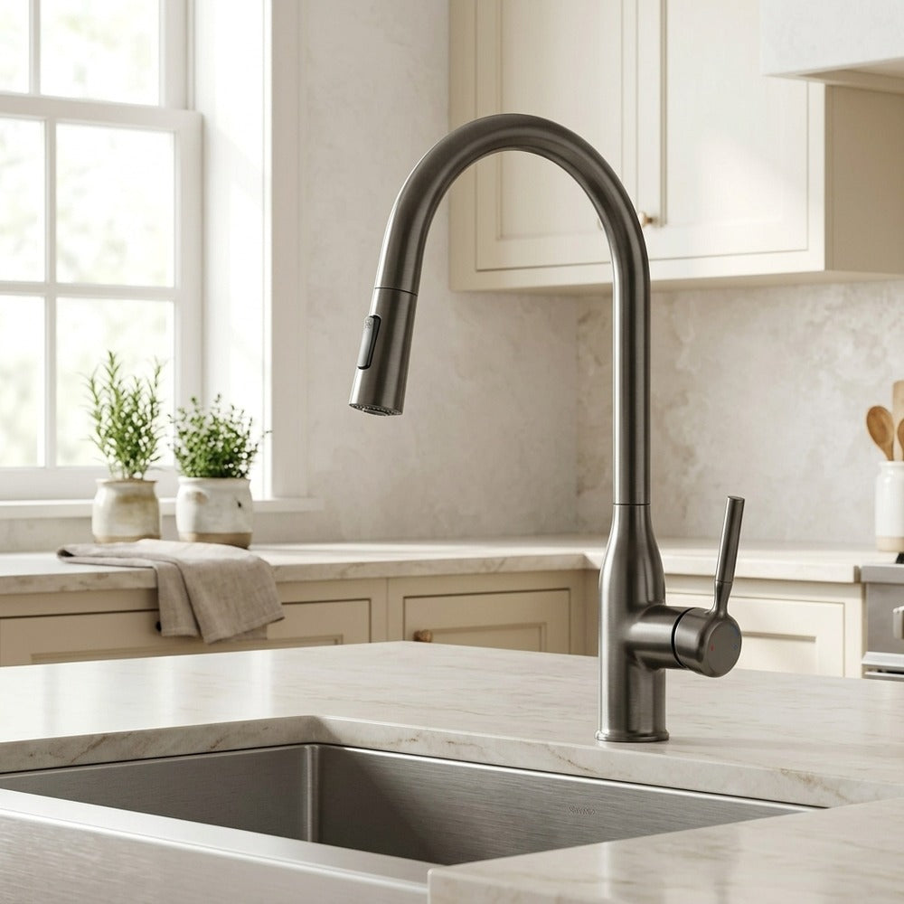 Lagomel single-handle pull-down kitchen faucet, set in a Modern/Contemporary kitchen