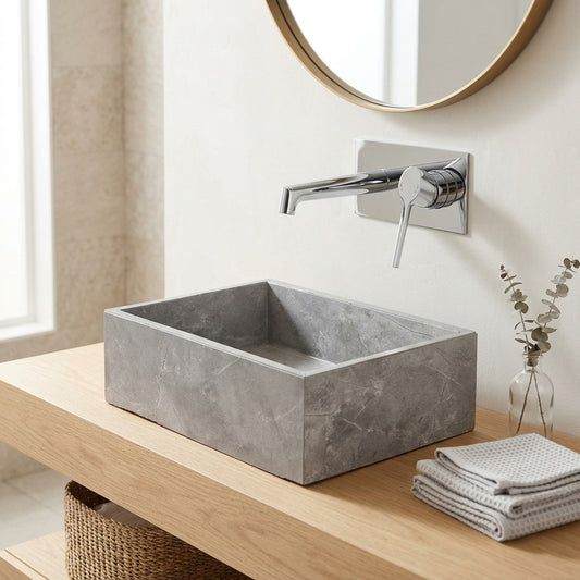 Lagomel vessel sink single-handle wall-mount bathroom faucet in chrome, gunmetal, matte black, set in a Modern/Contemporary bathroom