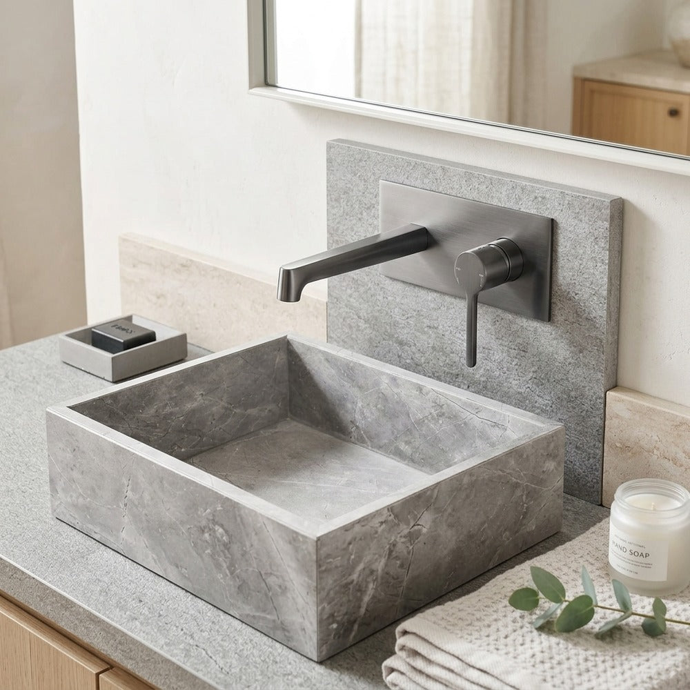 Lagomel vessel sink single-handle wall-mount bathroom faucet, set in a Modern/Contemporary bathroom