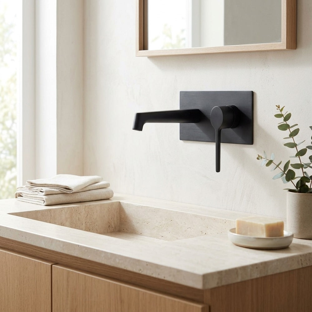 Lagomel vessel sink single-handle wall-mount bathroom faucet, set in a Modern/Contemporary bathroom