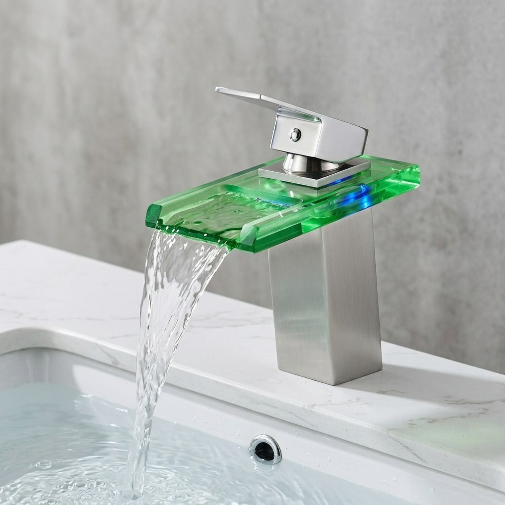 Lagomel waterfall single-hole bathroom faucet in brushed nickel, oil-rubbed bronze, chrome, set in a Modern/Contemporary bathroom