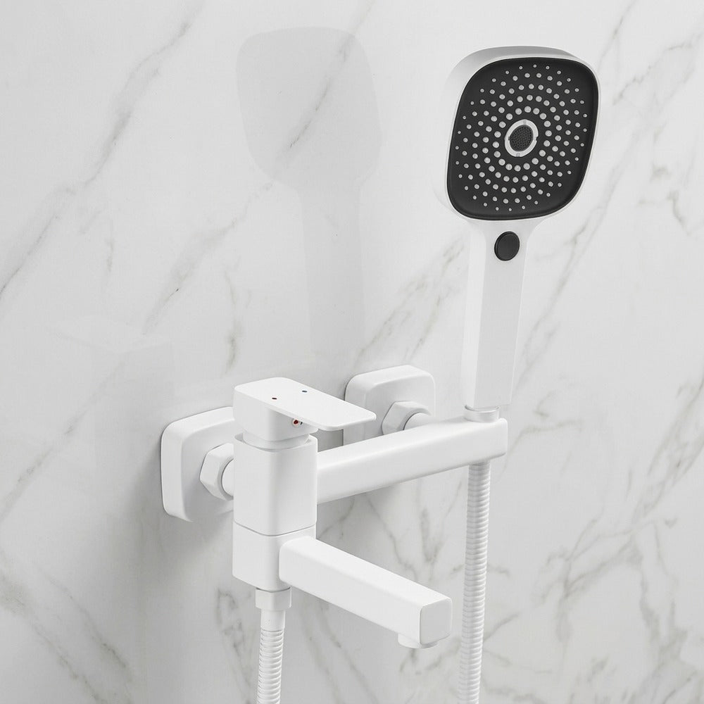 Lagomel single-handle wall-mount tub filler in matte white, two-tone / mixed finish, set in a Modern/Contemporary bathroom