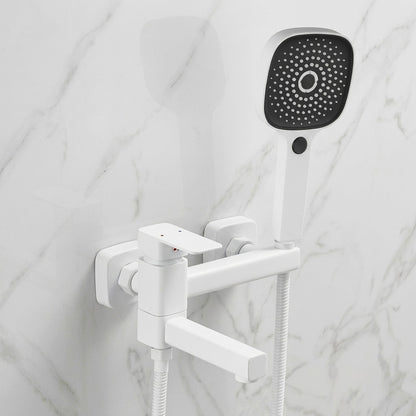 Lagomel single-handle wall-mount tub filler in matte white, two-tone / mixed finish, set in a Modern/Contemporary bathroom