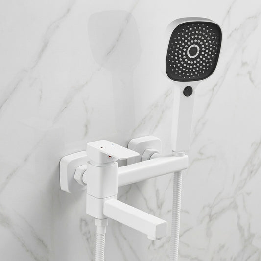 Lagomel single-handle wall-mount tub filler in matte white, two-tone / mixed finish, set in a Modern/Contemporary bathroom