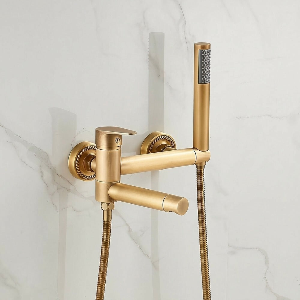 Lagomel single-handle wall-mount tub filler in antique brass, rustic nickel, set in a Vintage/Retro bathroom