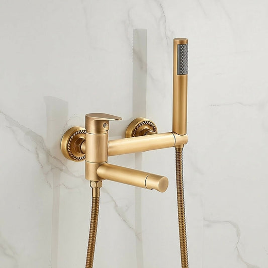 Lagomel single-handle wall-mount tub filler in antique brass, rustic nickel, set in a Vintage/Retro bathroom