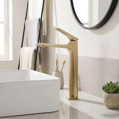 Lagomel single-hole single-handle vessel sink faucet in brushed gold, matte black, chrome, matte white, gunmetal, set in a Modern/Contemporary bathroom