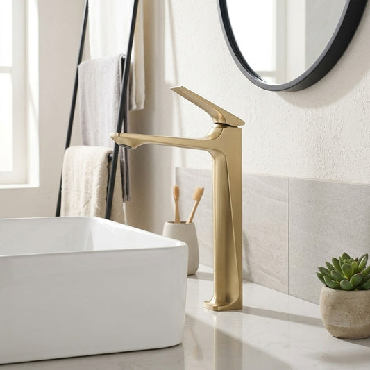 Lagomel single-hole single-handle vessel sink faucet in brushed gold, matte black, chrome, matte white, gunmetal, set in a Modern/Contemporary bathroom