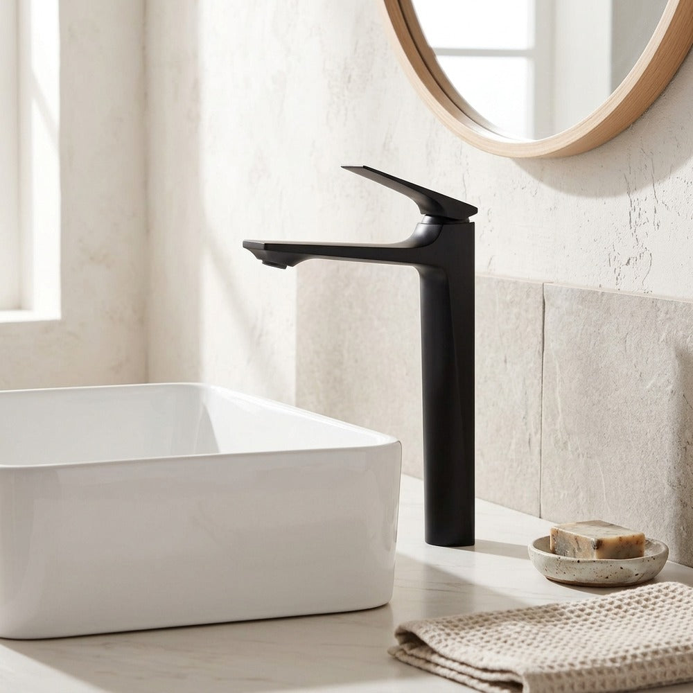 Lagomel single-hole single-handle vessel sink faucet, set in a Modern/Minimalist/Contemporary bathroom
