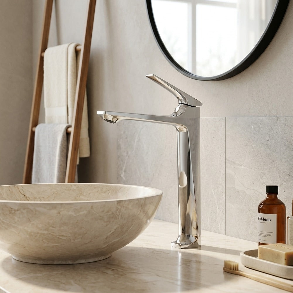 Lagomel single-hole single-handle vessel sink faucet, set in a Modern/Minimalist/Contemporary bathroom