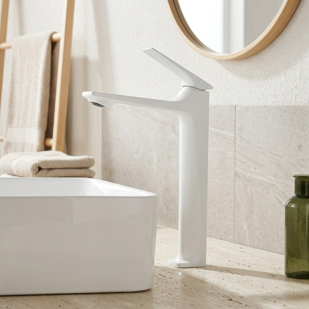 Lagomel single-hole single-handle vessel sink faucet, set in a Modern/Minimalist/Contemporary bathroom