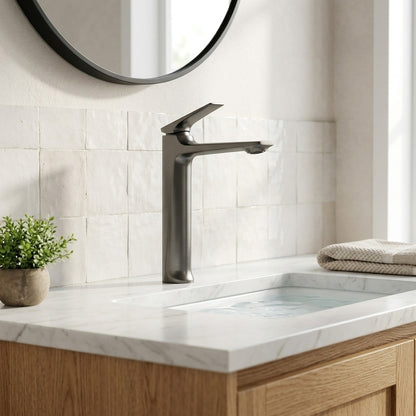 Lagomel single-hole single-handle vessel sink faucet, set in a Modern/Minimalist/Contemporary bathroom