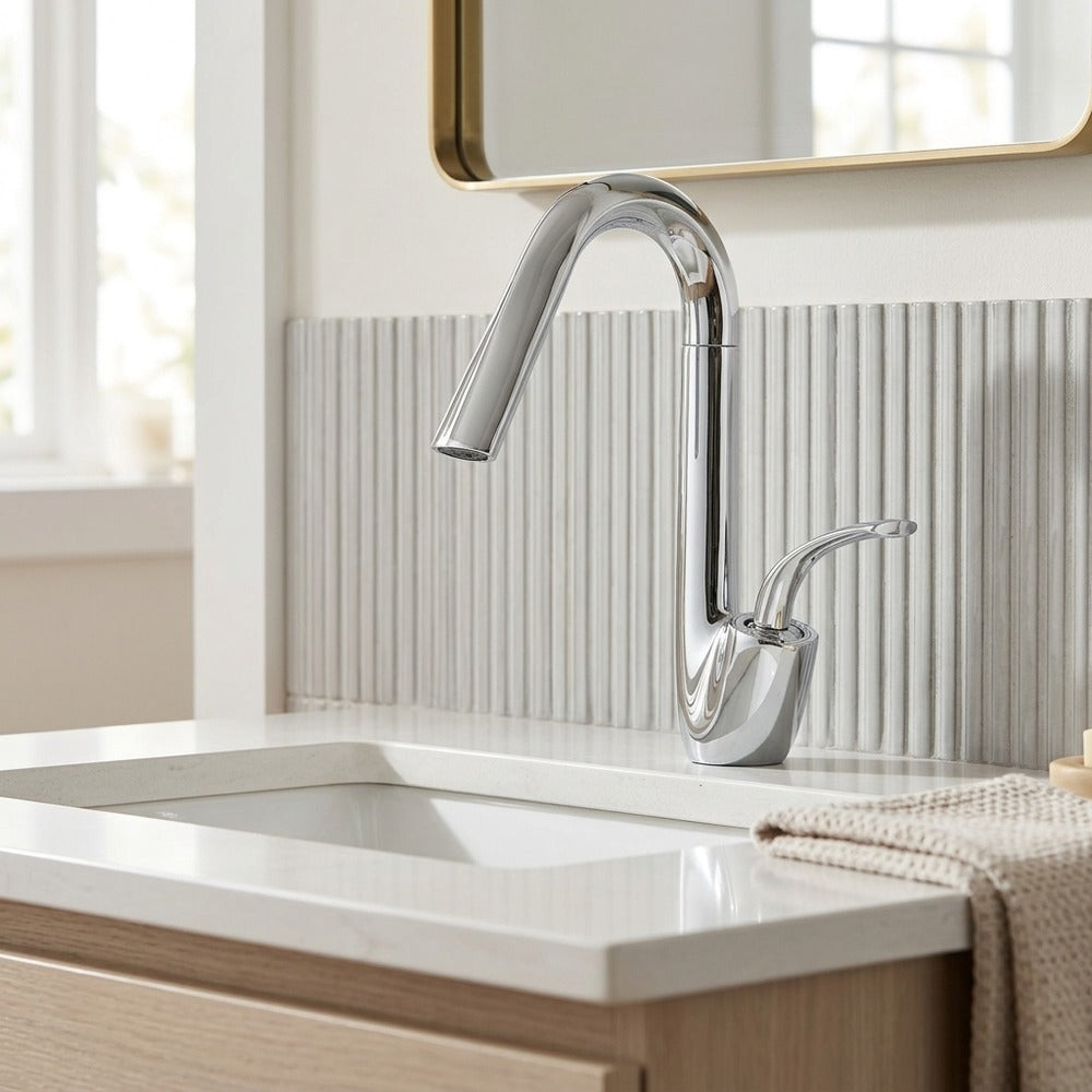 Lagomel waterfall single-hole bathroom faucet in brushed gold, matte black, chrome, set in a Modern/Minimalist/Contemporary bathroom