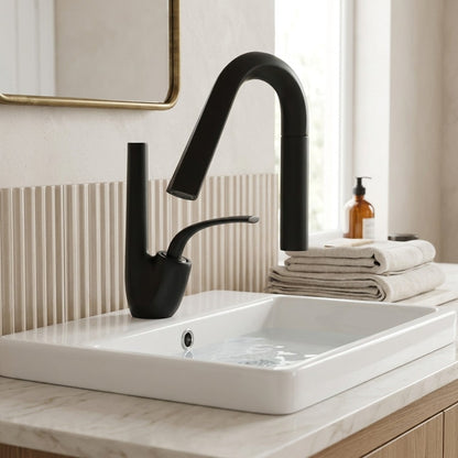 Lagomel waterfall single-hole bathroom faucet, set in a Modern/Minimalist bathroom