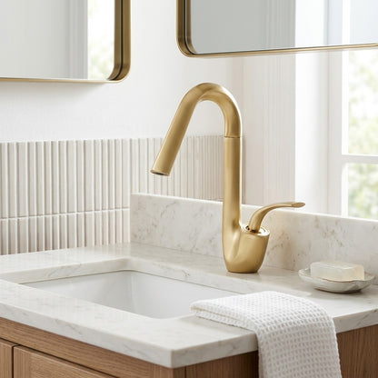 Lagomel waterfall single-hole bathroom faucet, set in a Modern/Minimalist bathroom