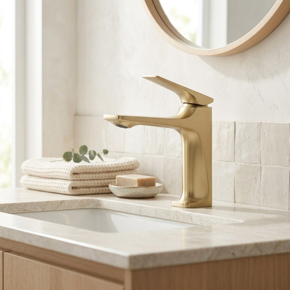 Lagomel single-hole bathroom faucet in brushed gold, chrome, gunmetal, matte black, matte white, set in a Modern/Contemporary bathroom