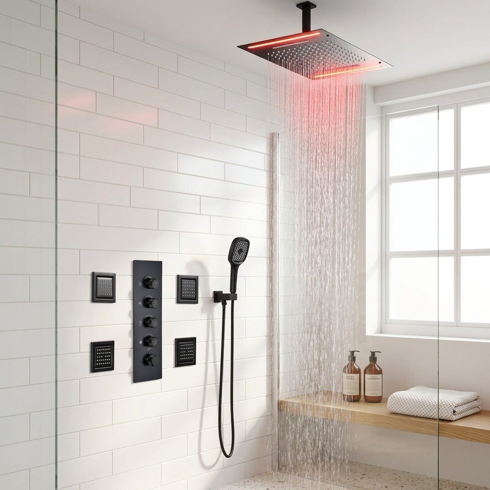 Lagomel waterfall complete shower system in matte black, set in a Contemporary/Modern bathroom