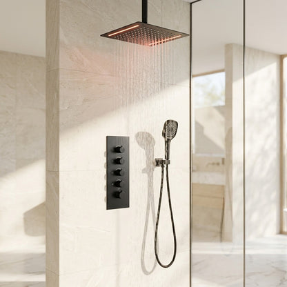 Lagomel wall-mounted waterfall complete shower system in matte black, set in a Contemporary/Modern bathroom