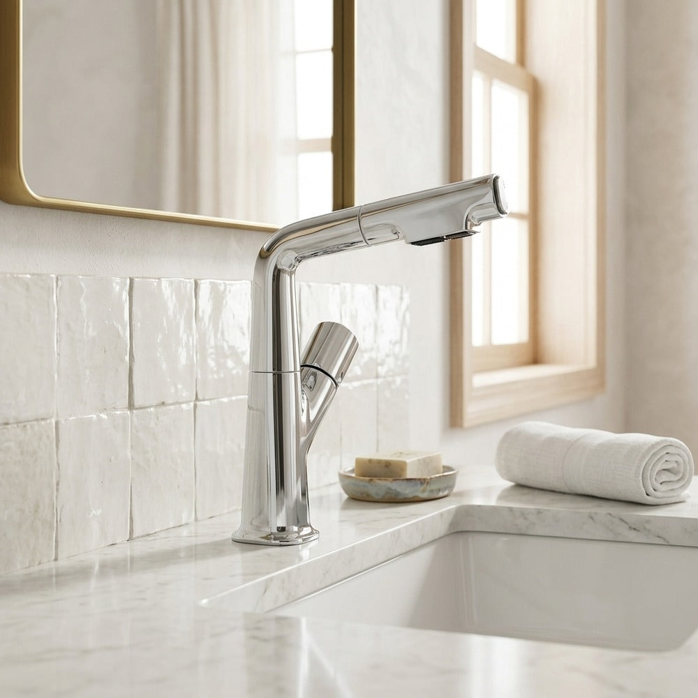 Lagomel pull-out single-hole bathroom faucet in chrome, matte black, matte white, gunmetal, set in a Modern/Contemporary bathroom