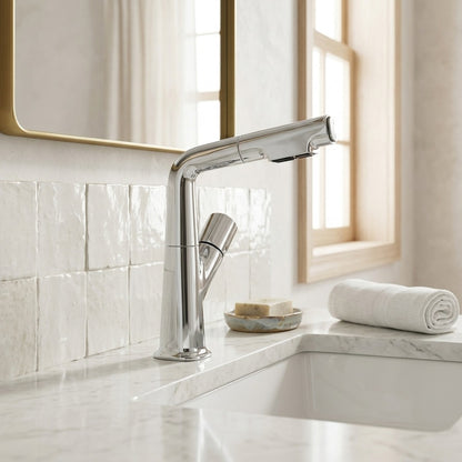 Lagomel pull-out single-hole bathroom faucet in chrome, matte black, matte white, gunmetal, set in a Modern/Contemporary bathroom