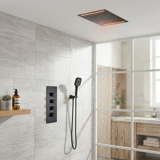 Lagomel waterfall complete shower system in matte black, set in a Contemporary/Modern bathroom
