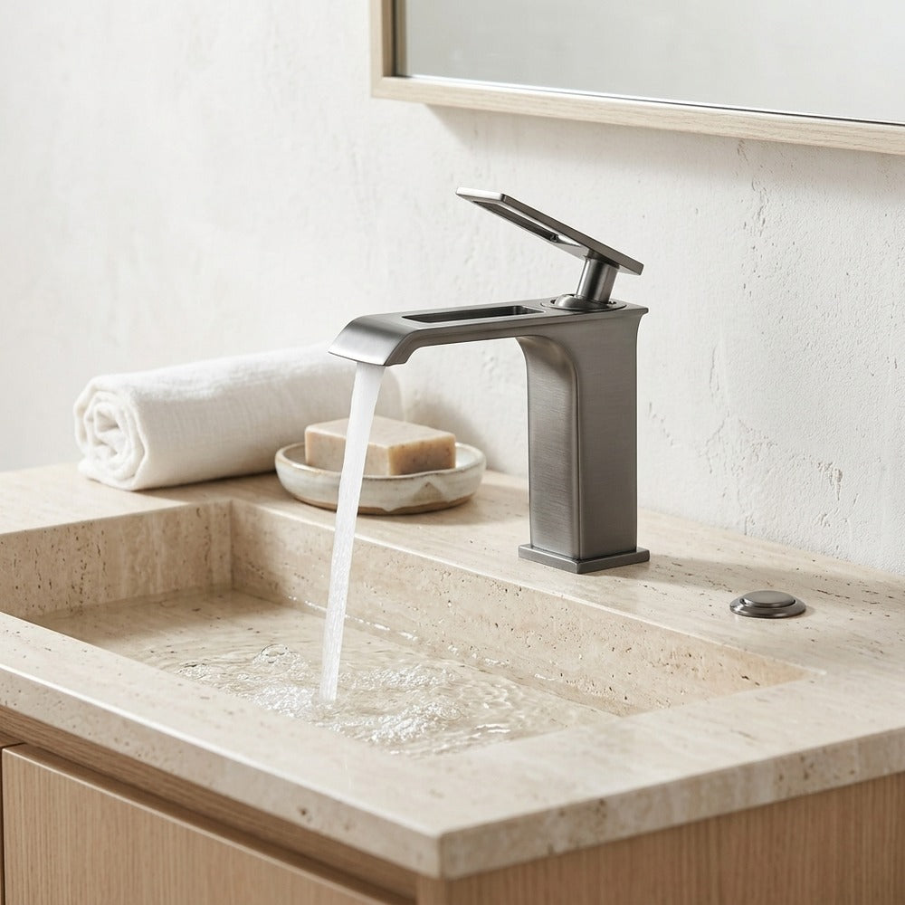 Lagomel waterfall single-hole bathroom faucet in brushed gold, chrome, gunmetal, matte black, matte white, set in a Modern/Contemporary bathroom