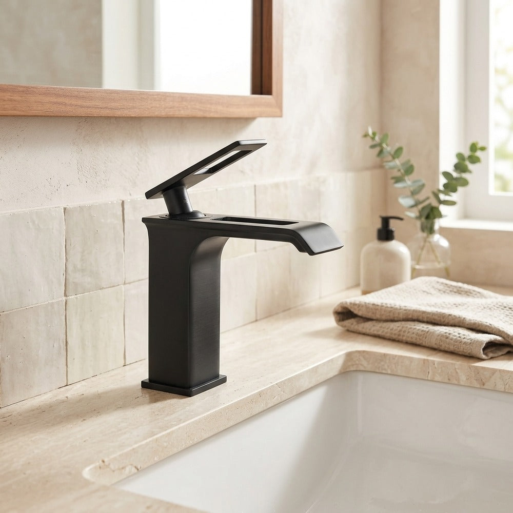 Lagomel waterfall single-hole bathroom faucet, set in a Modern/Minimalist bathroom